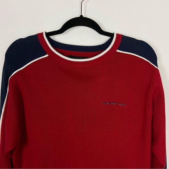 Calvin Klein Men’s Y2K Red White Blue Ribbed Knit Sweater Casual Cozy Large - Picture 11 of 12